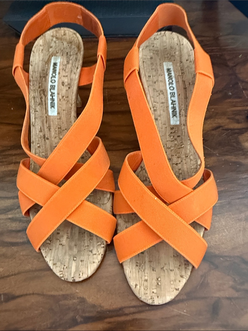 Manolo Blahnik Orange Crisscross Cork Slingback Sandals